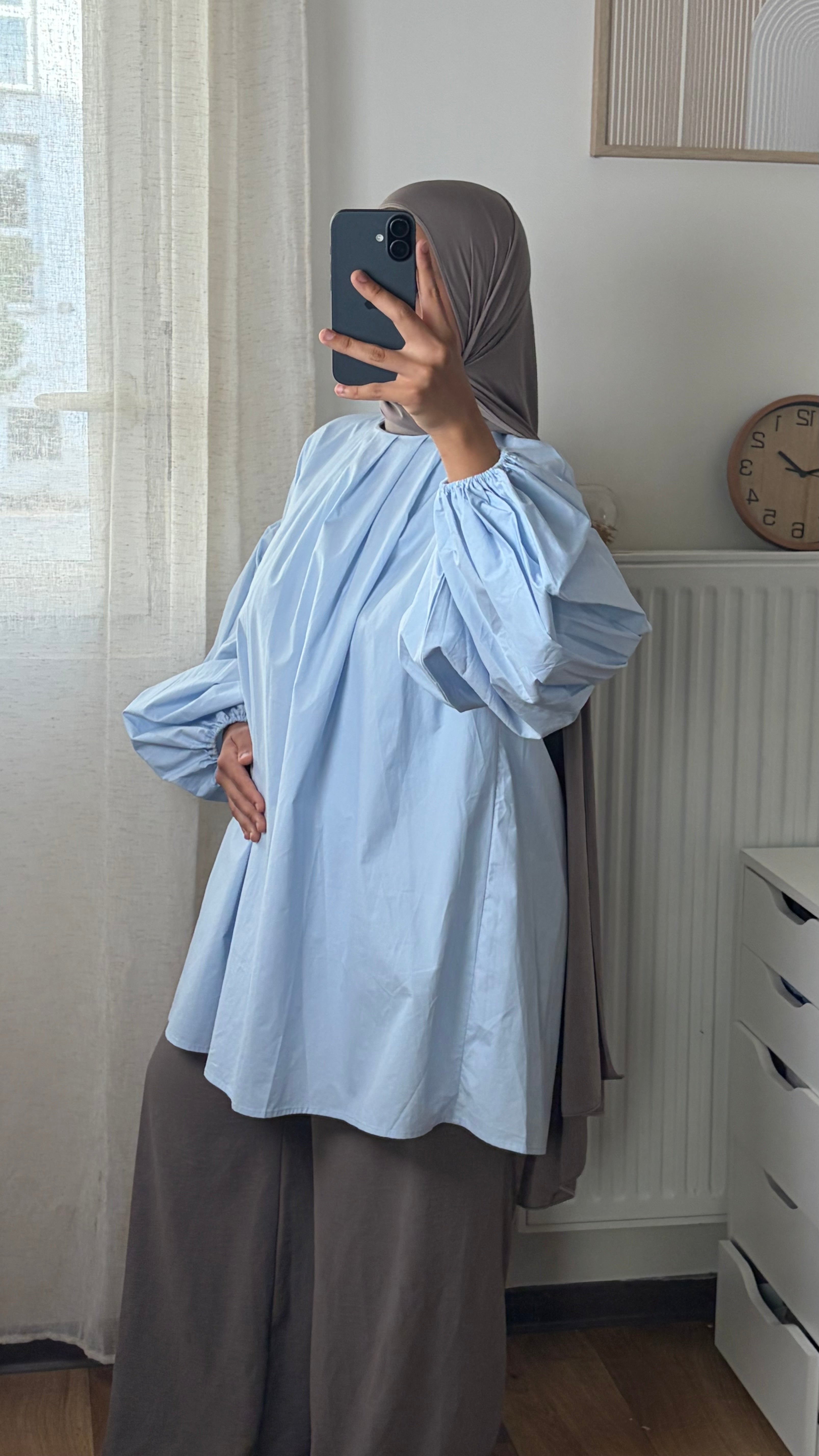 Chemise Femme Popeline de Coton – Manches Ballon, Col Rond