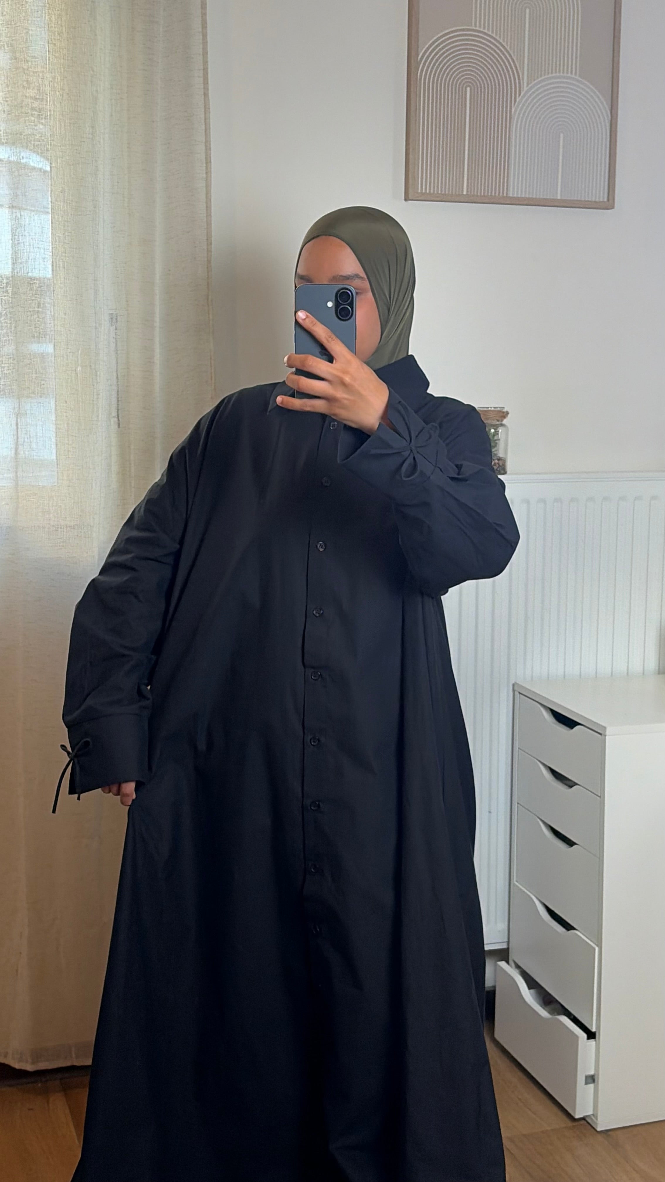 Robe Chemise Longue Femme à Nœud – Coton Fluide Manches Longues Modest, Noir & Marron