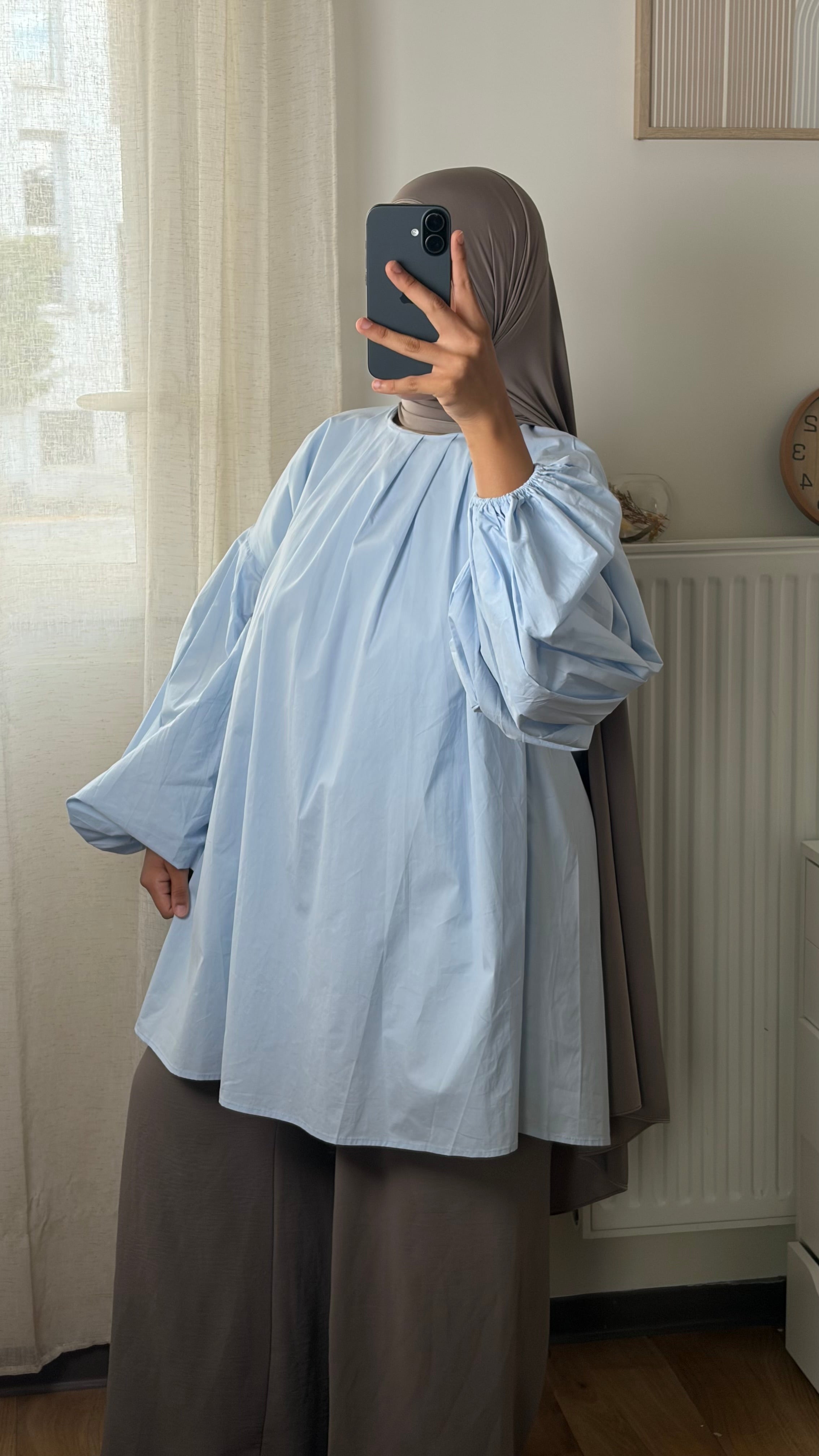 Chemise Femme Popeline de Coton – Manches Ballon, Col Rond