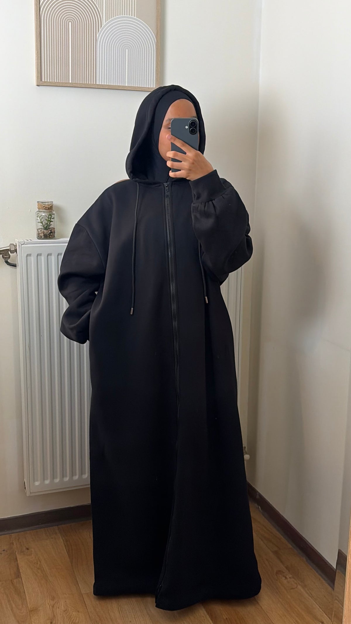 Sweat abaya à capuche et zip intégral, gris clair chiné – Yuméa
