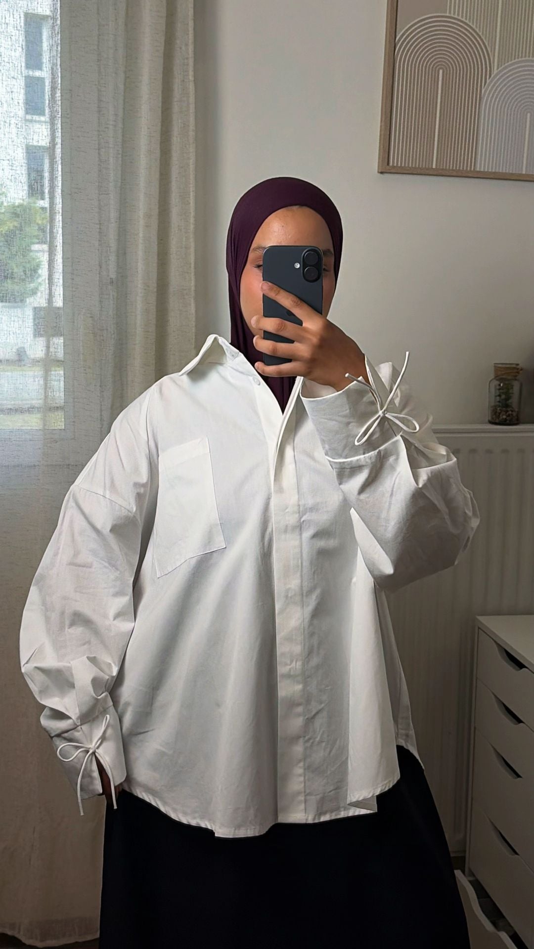 Chemise Oversize Femme à Nœud – Coton Doux Manches Longues, Coupe Ample Modest Chic