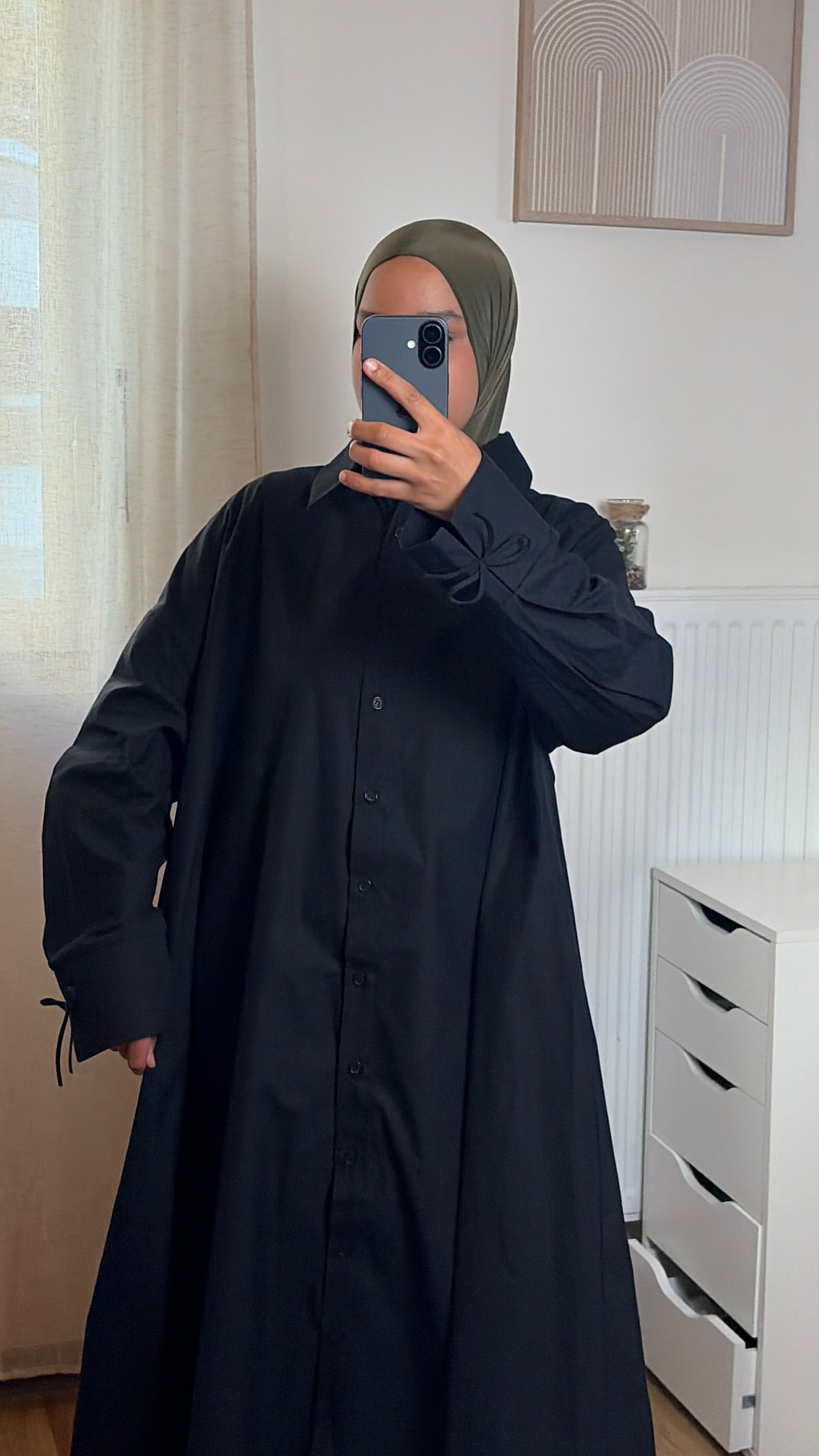 Robe Chemise Longue Femme à Nœud – Coton Fluide Manches Longues Modest, Noir & Marron