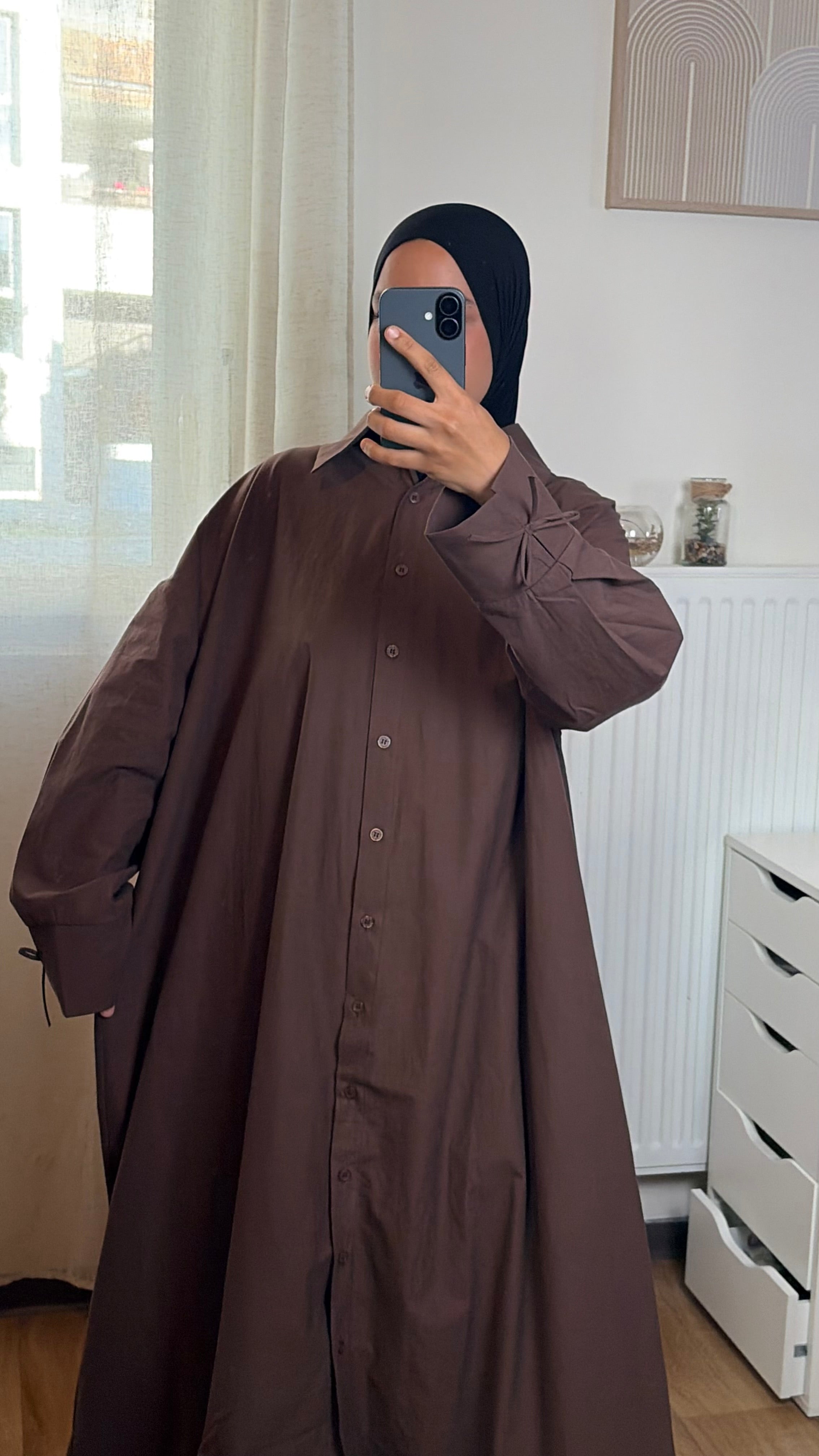 Robe Chemise Longue Femme à Nœud – Coton Fluide Manches Longues Modest, Noir & Marron