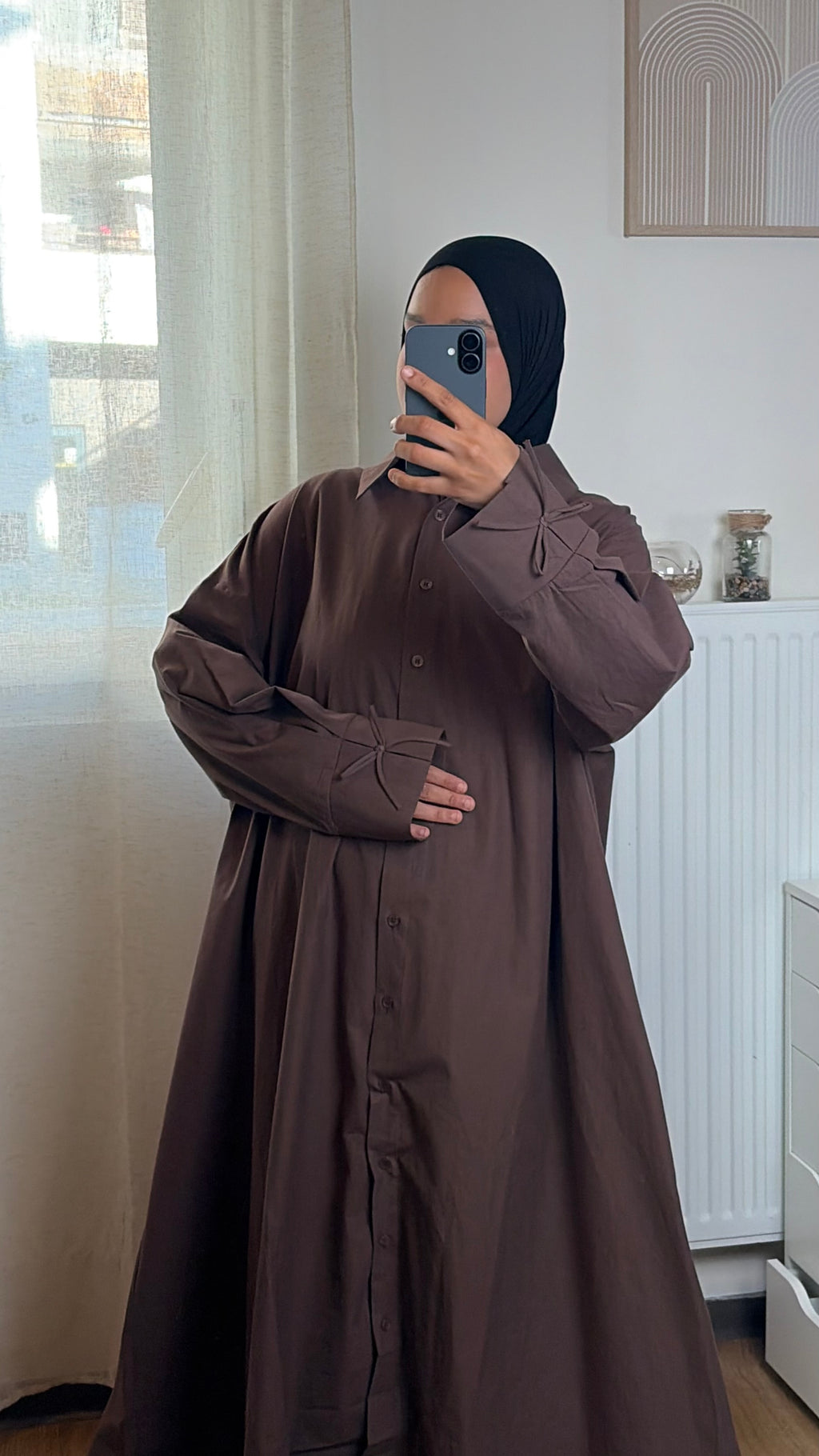 Robe Chemise Longue Femme à Nœud – Coton Fluide Manches Longues Modest, Noir & Marron