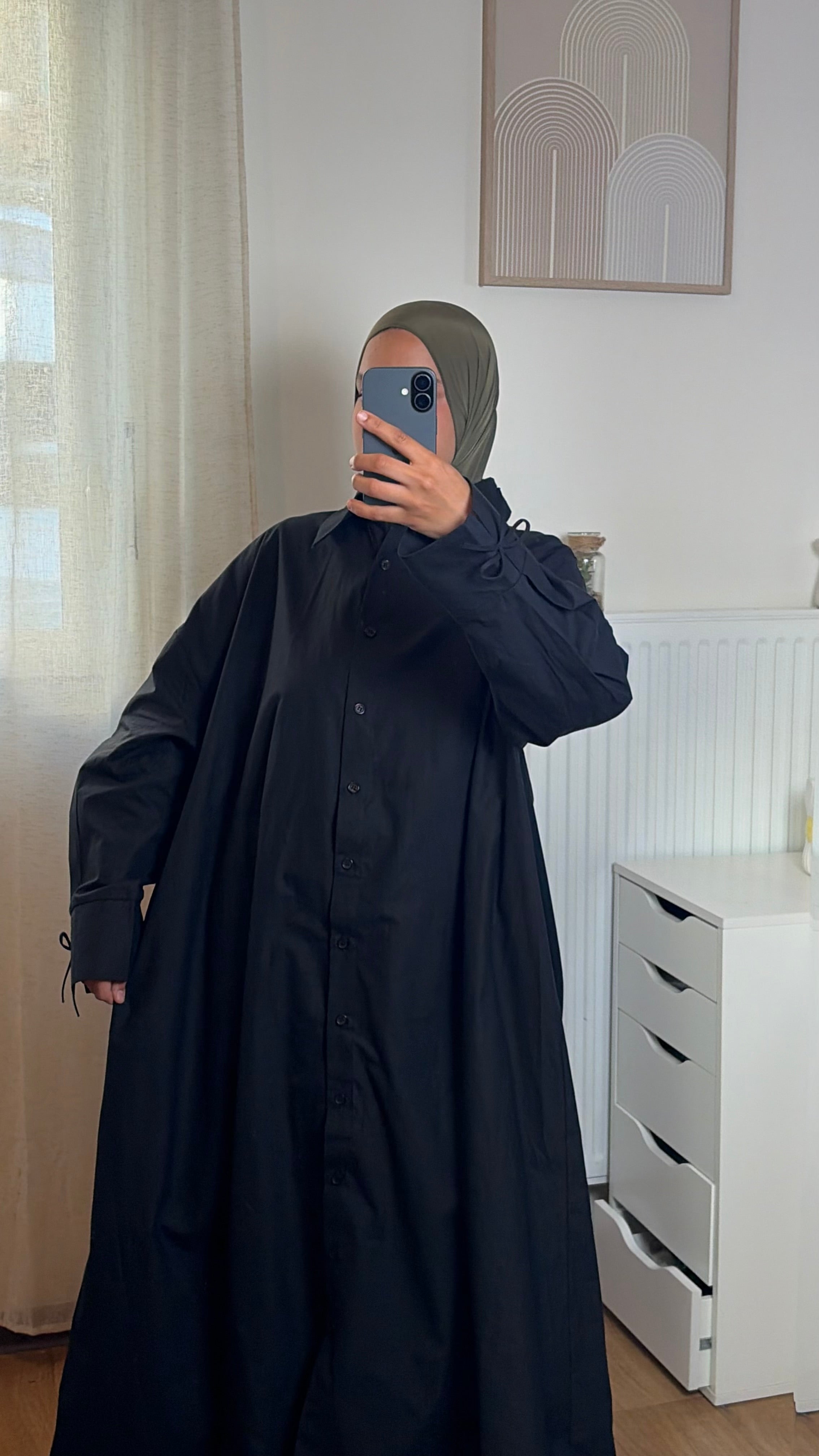 Robe Chemise Longue Femme à Nœud – Coton Fluide Manches Longues Modest, Noir & Marron